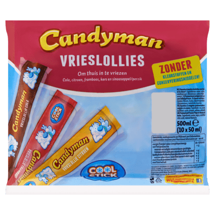 FOOD.Waterijs/Vrieslollies (Om in te vriezen) Zak 10 stuks 500 ml. Candyman